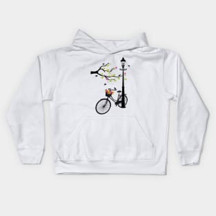 Old bicycle with lamp, flower basket, birds, tree Kids Hoodie